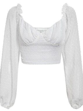 White Swiss Dot Off-Shoulder Crop Top – Romantic Sheer Sleeve Blouse